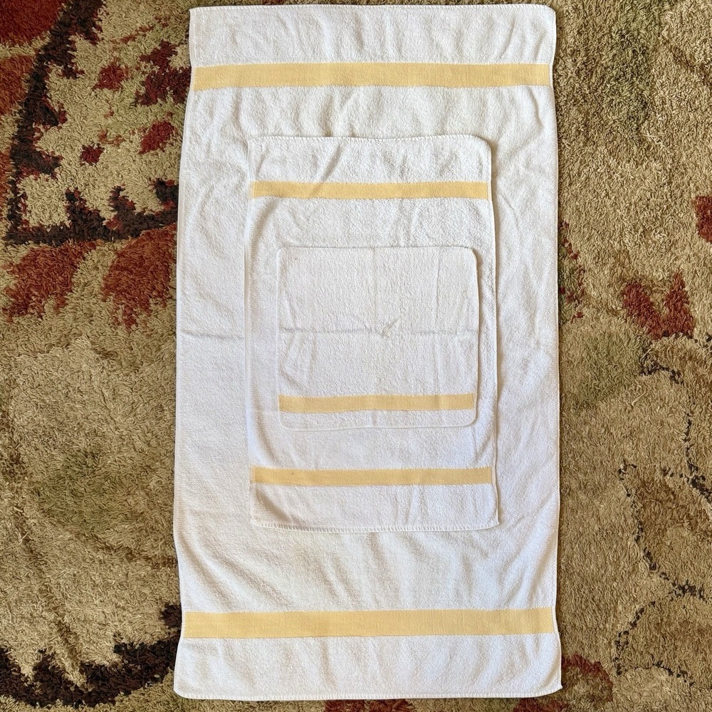 3pc VTG 1960s MCM Callaway White & Lemon Yellow‎ Towel Set Bath Hand Washcloth